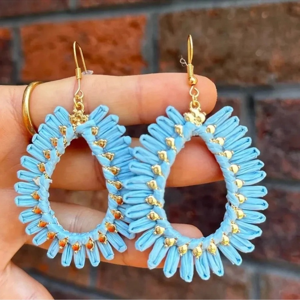 Vintage Blue Rattan Bohemian Oval Earrings